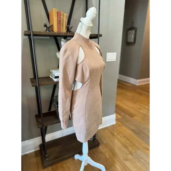 HERVE LEGER Ottoman Cutout Long Sleeve Minidress Fawn Womens Size Large - Picture 7 of 13